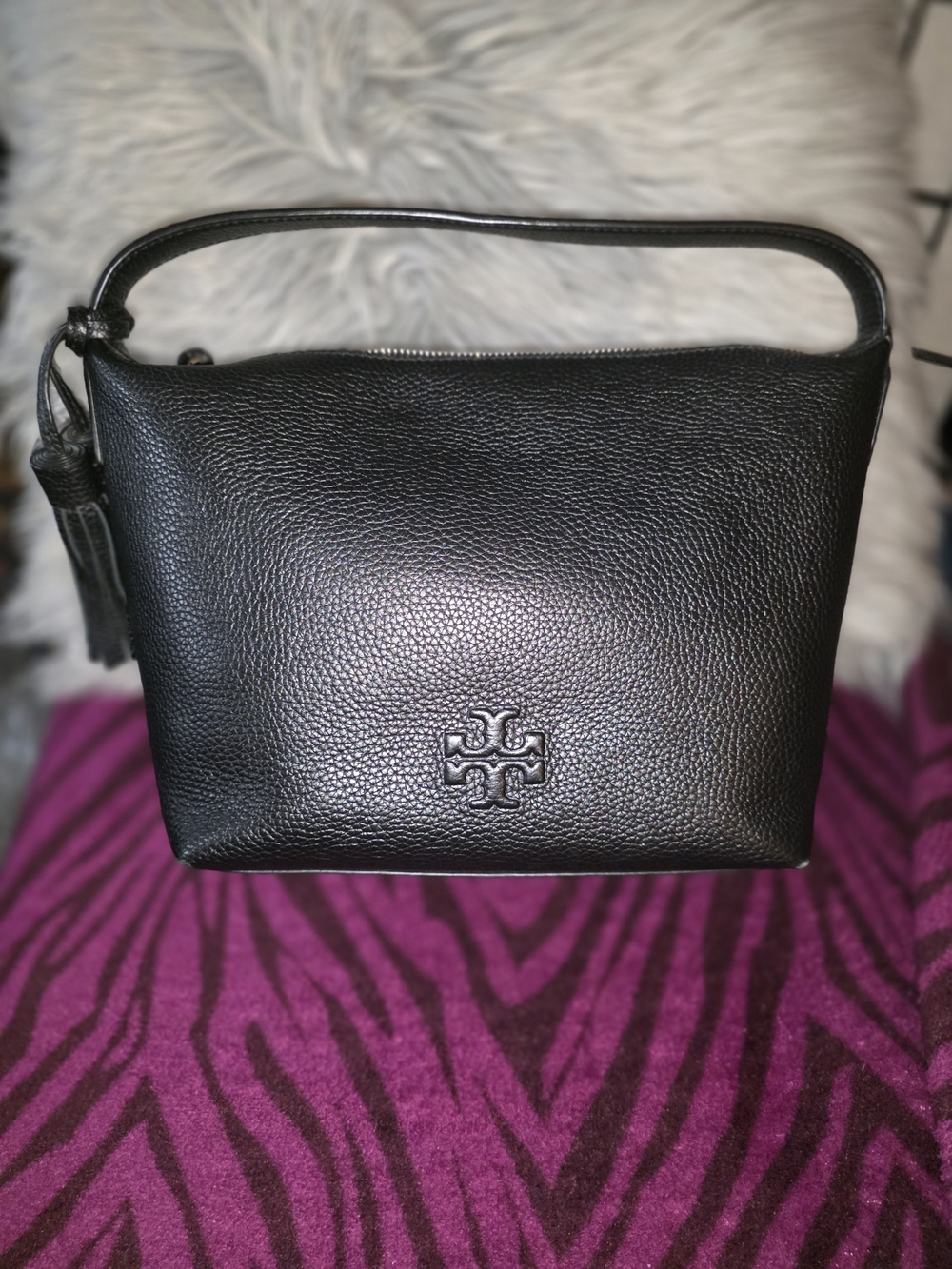 Tory Burch Thea Black Pebbled Leather Hobo Shoulder Bag with Logo Tassel